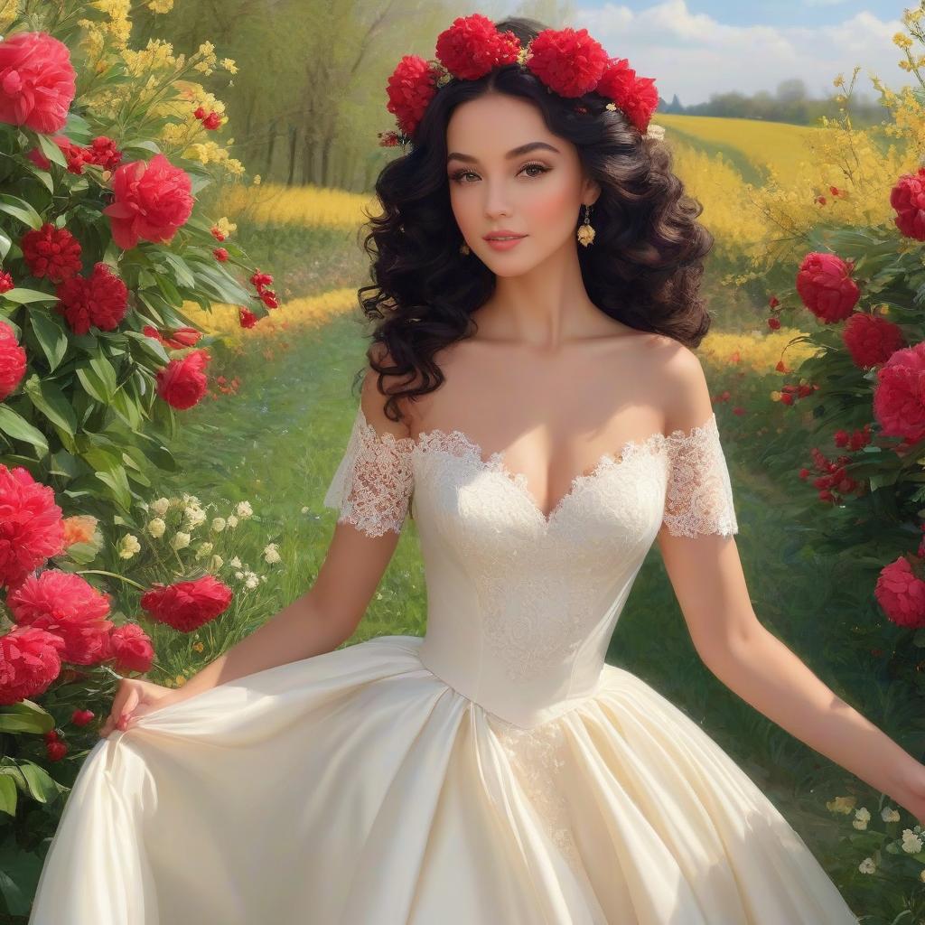  A masterpiece. Very beautiful girl with black curls gathered upwards. Beautiful hairstyle. White wedding fitted dress with lace. Elegance. Very beautiful dress. Brown eyes. Happy look. No pomp, just elegance. (Sparkling rim)): spring field, hyacinths, roses, rosehips, rose hips, peonies, cherry tree, yellow, red. Realism, rococo, surrealist abstraction. Alfonso Mucha, Honoré Fargonard. hyperrealistic, full body, detailed clothing, highly detailed, cinematic lighting, stunningly beautiful, intricate, sharp focus, f/1. 8, 85mm, (centered image composition), (professionally color graded), ((bright soft diffused light)), volumetric fog, trending on instagram, trending on tumblr, HDR 4K, 8K