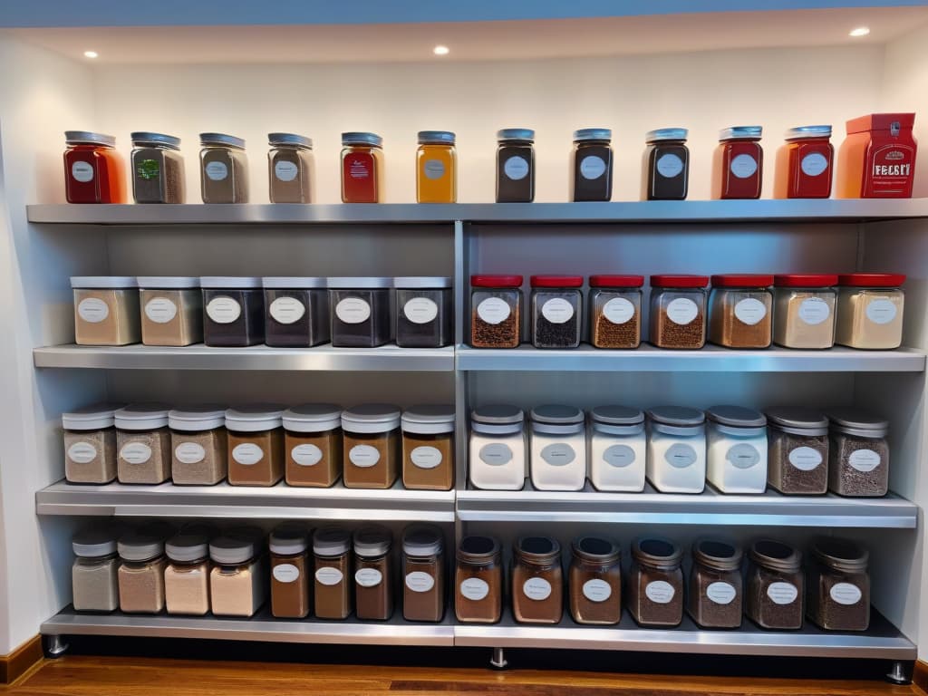  A beautifully organized pantry shelf dedicated to baking ingredients, showcasing neatly labeled jars of flour, sugar, cocoa powder, and various colorful sprinkles. The containers are arranged symmetrically, creating a visually satisfying display of precision and order. Light filters in gently, casting soft shadows and highlighting the textures of the ingredients, emphasizing the importance of proper storage in the art of pastry making. hyperrealistic, full body, detailed clothing, highly detailed, cinematic lighting, stunningly beautiful, intricate, sharp focus, f/1. 8, 85mm, (centered image composition), (professionally color graded), ((bright soft diffused light)), volumetric fog, trending on instagram, trending on tumblr, HDR 4K, 8K