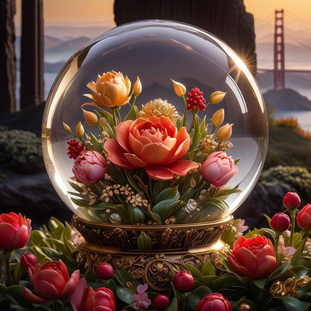  Beautiful glass ball. Highly detailed, highly detailed, highly detailed image and all the details. ((Golden Gate)): spring field, hyacinths, roses, rosebuds, rose hips, rosehips, peonies Nature in the background. Luxury, richness. Golden bright light. Night sky. On the ball of hands. High quality. Swarovski. Rococco hyperrealistic, full body, detailed clothing, highly detailed, cinematic lighting, stunningly beautiful, intricate, sharp focus, f/1. 8, 85mm, (centered image composition), (professionally color graded), ((bright soft diffused light)), volumetric fog, trending on instagram, trending on tumblr, HDR 4K, 8K