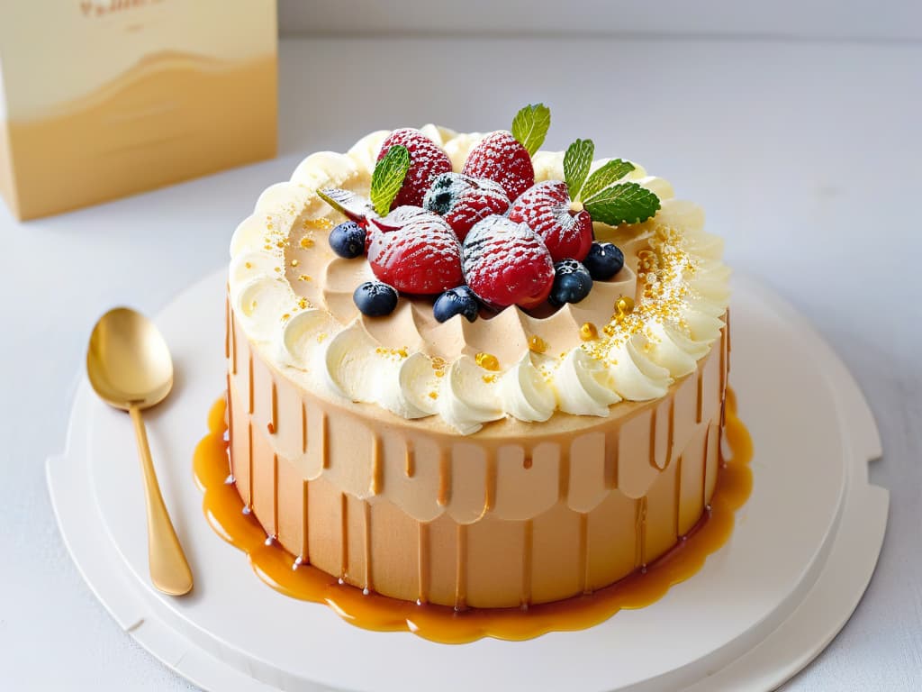  An intricate, ultradetailed photograph of a traditional Peruvian tres leches cake, showcasing each layer of moist sponge cake soaked in a threemilk mixture, topped with a delicate caramel glaze and garnished with edible gold leaf, fresh berries, and mint leaves. The cake is presented on a sleek, modern plate against a clean, white background, emphasizing the fusion of traditional flavors with a minimalist, elegant presentation. hyperrealistic, full body, detailed clothing, highly detailed, cinematic lighting, stunningly beautiful, intricate, sharp focus, f/1. 8, 85mm, (centered image composition), (professionally color graded), ((bright soft diffused light)), volumetric fog, trending on instagram, trending on tumblr, HDR 4K, 8K