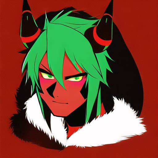  emo black bull, red war markings on face, green hair, glowing horns
