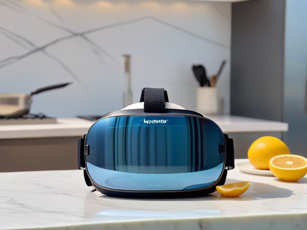  A closeup, ultradetailed image of a sleek, modern virtual reality headset placed on a marble countertop, softly reflecting the warm ambient light in a minimalist kitchen setting. The headset's design is futuristic and elegant, with subtle Realidad Virtual en la repostería branding on the side, hinting at the endless possibilities and personalization awaiting the viewer. hyperrealistic, full body, detailed clothing, highly detailed, cinematic lighting, stunningly beautiful, intricate, sharp focus, f/1. 8, 85mm, (centered image composition), (professionally color graded), ((bright soft diffused light)), volumetric fog, trending on instagram, trending on tumblr, HDR 4K, 8K