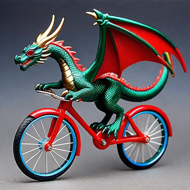  Subject Detail: The image depicts a magnificent dragon riding a vibrant red bicycle with sleek silver rims. The dragon stands tall on the bicycle seat, its muscular body draped gracefully over the handlebars. It wears a pair of trendy, oversized sunglasses that reflect the surrounding scenery. The dragon features shimmering scales in shades of emerald green and sapphire blue, with hints of gold glinting in the sunlight. Its powerful wings, folded against its back, display intricate patterns resembling stained glass. 

Medium: This artwork is a digital illustration.

Art Style: The art style chosen for this image is a fusion of pop art and fantasy realism. It combines bold, vibrant colours with meticulous attention to detail, giving the drag