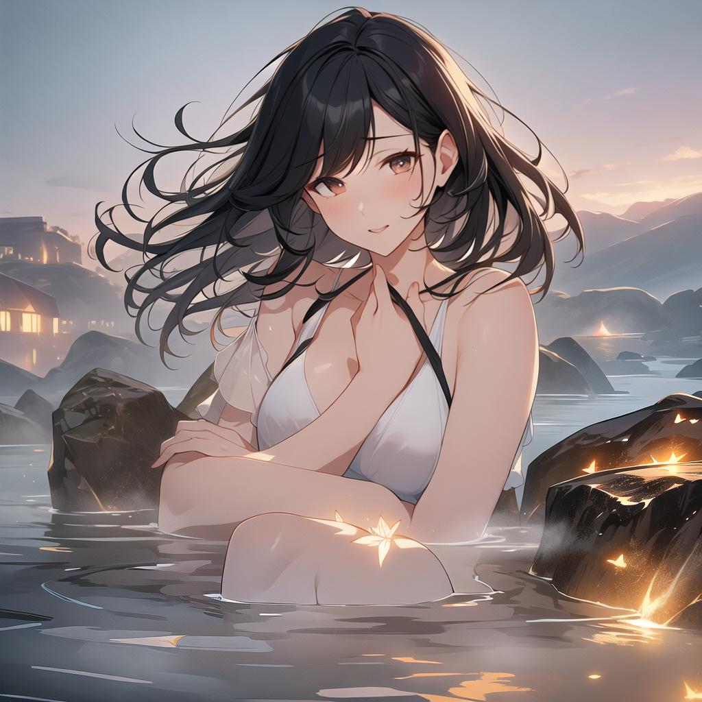  masterpiece, high quality, 4K, HDR BREAK,, ing, hot spring, covering, , hand, black hair, large eyes, short hair, almond eyes, embarred, displeased expression, old, beautiful  hyperrealistic, full body, detailed clothing, highly detailed, cinematic lighting, stunningly beautiful, intricate, sharp focus, f/1. 8, 85mm, (centered image composition), (professionally color graded), ((bright soft diffused light)), volumetric fog, trending on instagram, trending on tumblr, HDR 4K, 8K