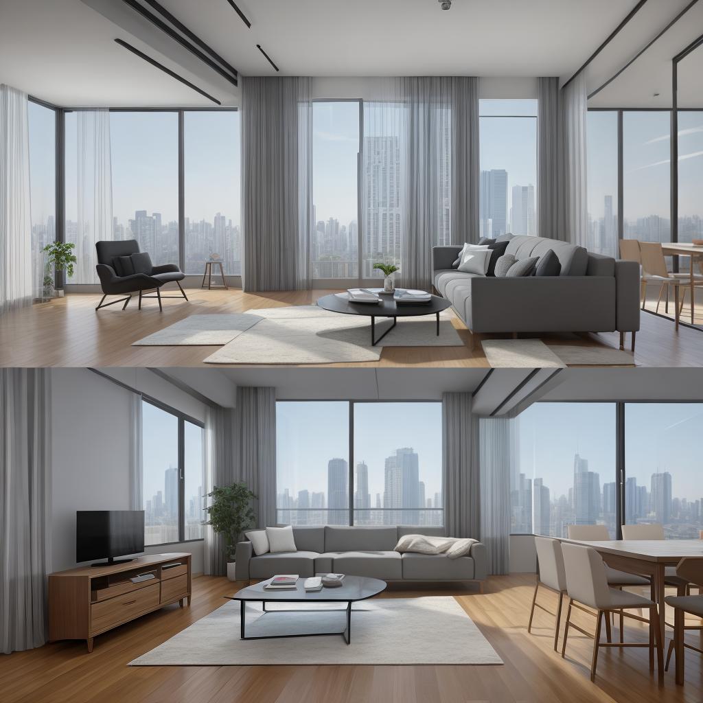  masterpiece, best quality, best quality, masterpiece, 8k resolution, high resolution apartment Living room concept art with floor-to-ceiling windows and modern furniture