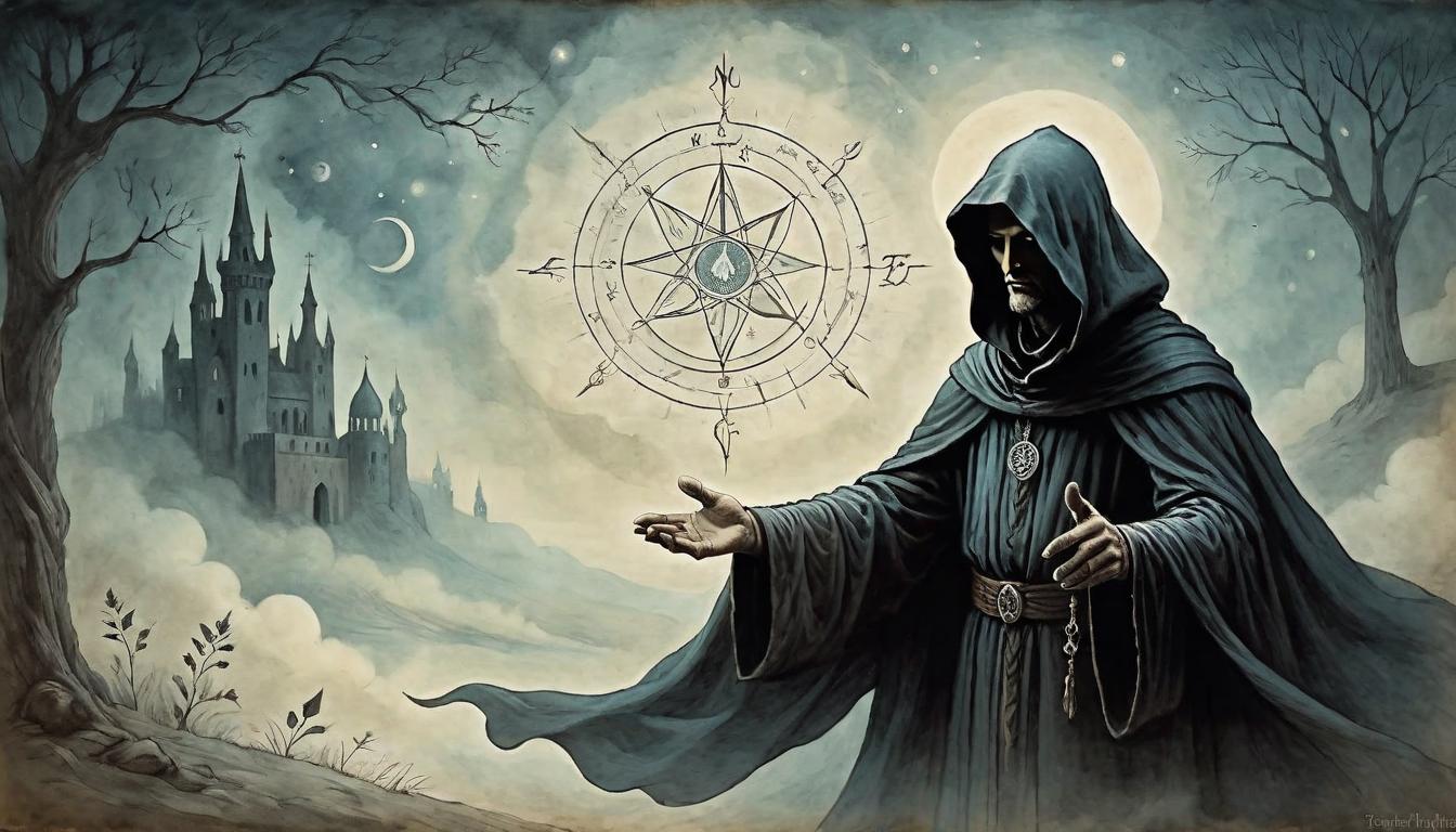  on parchment, surrealism+++, Mysterious figure cloaked in shadows, hand extended, soft glow at fingertips, sacred symbols etched in the air, ethereal, tranquil(mysterious, provocative, symbolic,muted color)+++