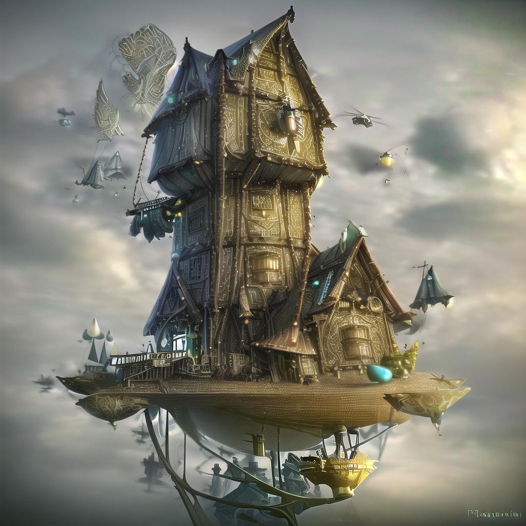  Photorealistic flying house, many details, Ultra detailed, octane render, by Alexander Jansson