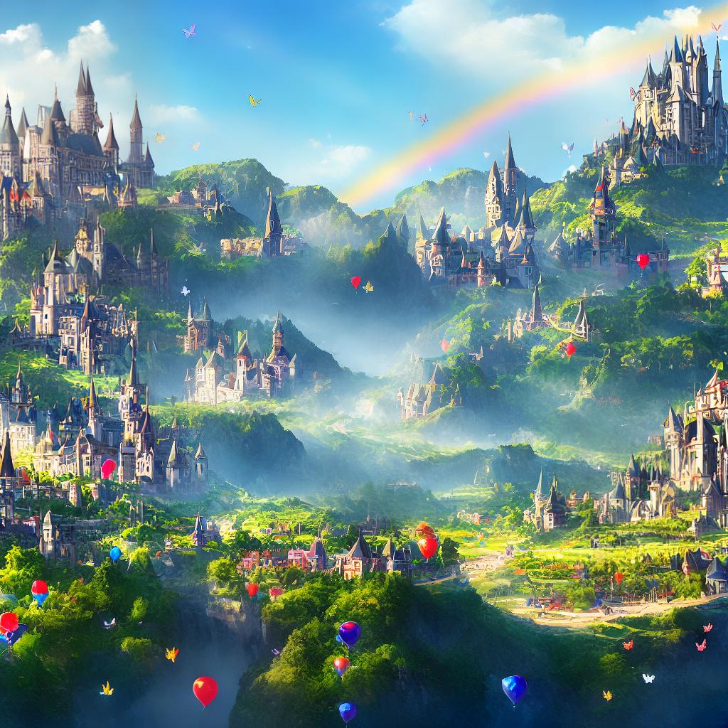  ((masterpiece)),(((best quality))), 8k, high detailed, ultra-detailed, warm welcome Disney cartoon style colorful, a group of children holding balloons and smiling, (a big rainbow in the sky), (a castle in the background), (lush green meadows), (butterflies flying around) hyperrealistic, full body, detailed clothing, highly detailed, cinematic lighting, stunningly beautiful, intricate, sharp focus, f/1. 8, 85mm, (centered image composition), (professionally color graded), ((bright soft diffused light)), volumetric fog, trending on instagram, trending on tumblr, HDR 4K, 8K