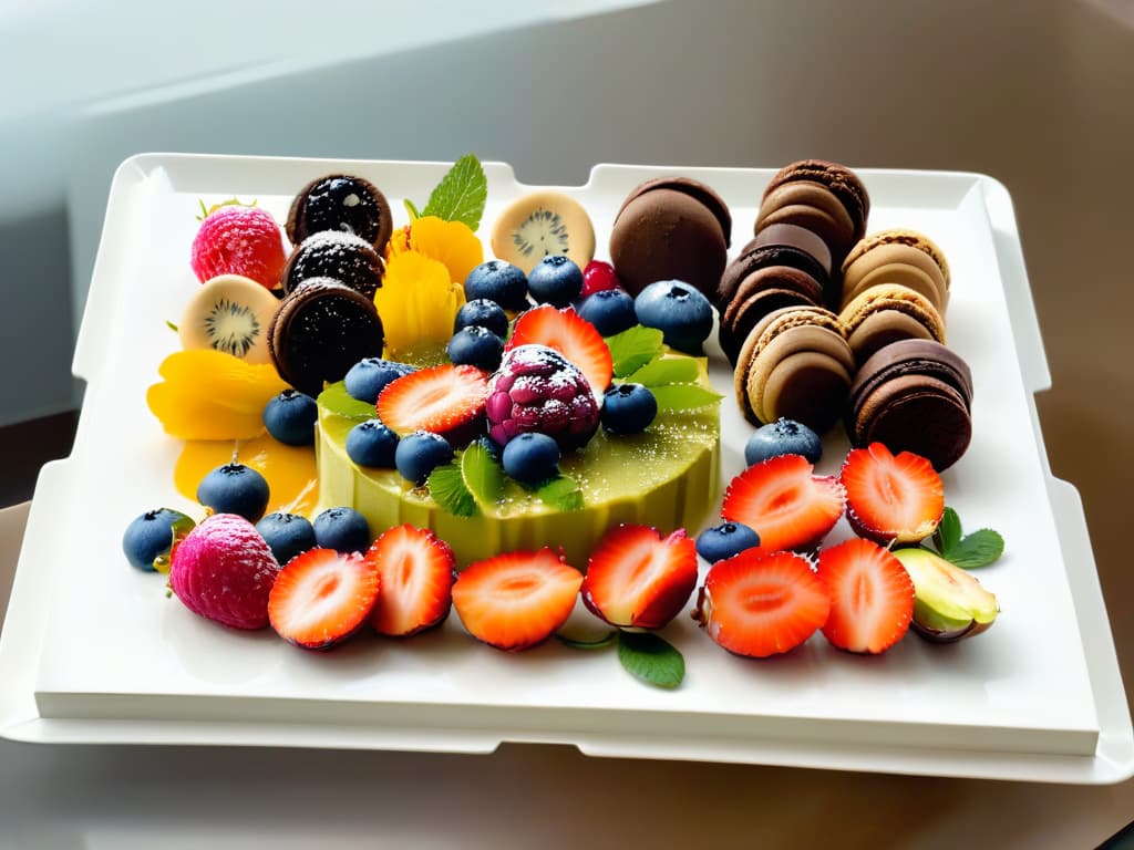  A minimalist and elegant image of a beautifully decorated allergenfree dessert platter, showcasing a variety of colorful and appetizing treats such as fruit tarts, macarons, and chocolate truffles. Each dessert is meticulously crafted with intricate details like edible flowers, delicate drizzles of sauce, and gold leaf accents, all arranged on a sleek white serving platter against a soft, blurred background that puts the focus entirely on the exquisite desserts. The image exudes sophistication and culinary artistry, perfectly complementing the professional and inspiring tone of the article on safe and delicious desserts for food allergies. hyperrealistic, full body, detailed clothing, highly detailed, cinematic lighting, stunningly beautiful, intricate, sharp focus, f/1. 8, 85mm, (centered image composition), (professionally color graded), ((bright soft diffused light)), volumetric fog, trending on instagram, trending on tumblr, HDR 4K, 8K