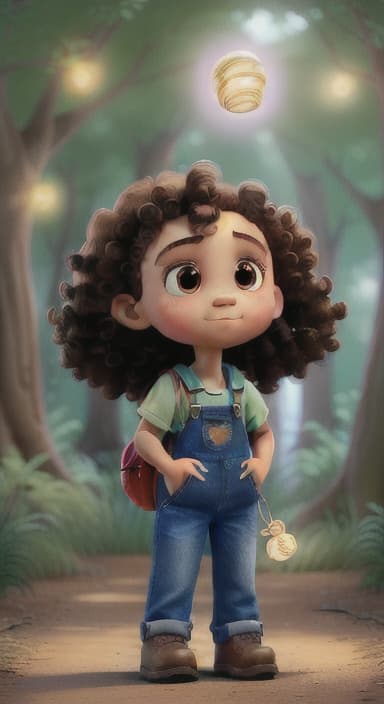  {The tree shining brightly and releasing a gentle, magical light., Riley, a curious with big brown eyes and curly hair, wearing overalls and carrying a small backpack. Their friend, Skye, a bluebird with shiny feathers.