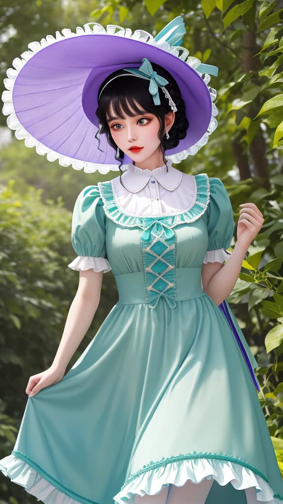  She was wearing a light green dress, black hair, blue pupils, beautiful lace and ruffles at the collar, waist and cuffs, a very nice wide-brimmed hat on her head, a long bright purple ribbon trailing behind her head, and tassels fluttering in the wind.