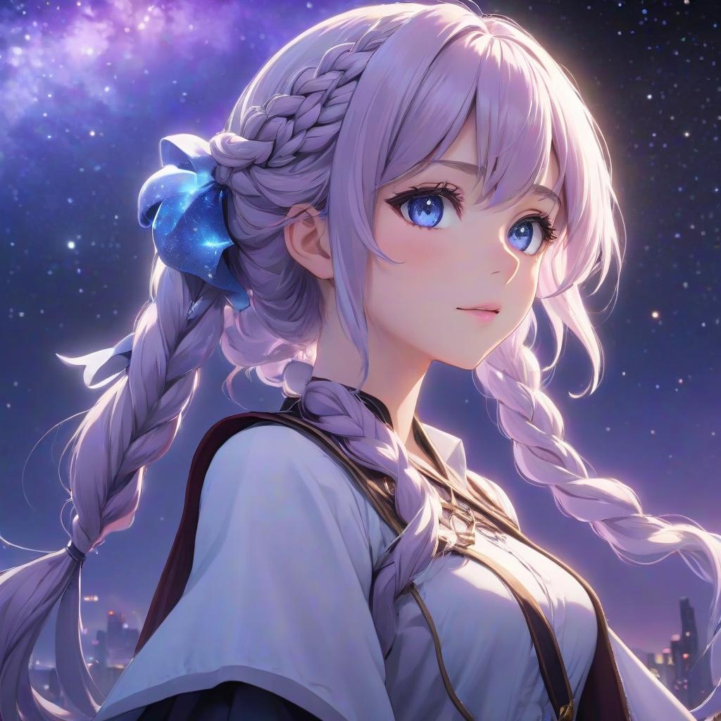  anime artwork A girl with a side swept braid, white color and violet tips, and blue eyes against a backdrop of stars. . anime style, key visual, vibrant, studio anime, highly detailed hyperrealistic, full body, detailed clothing, highly detailed, cinematic lighting, stunningly beautiful, intricate, sharp focus, f/1. 8, 85mm, (centered image composition), (professionally color graded), ((bright soft diffused light)), volumetric fog, trending on instagram, trending on tumblr, HDR 4K, 8K