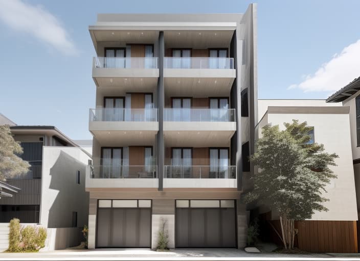  Street view of the house, modern architectural style, brown wood paneled balcony ceiling, aluminum doors, white and dark gray tones, rendered with beautiful bright blue daylight
