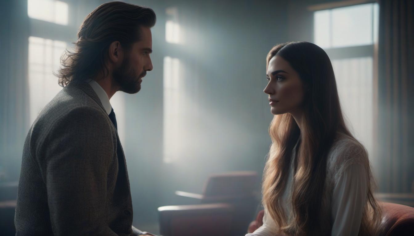  A long haired girl and a man are sitting in a room facing each other. hyperrealistic, full body, detailed clothing, highly detailed, cinematic lighting, stunningly beautiful, intricate, sharp focus, f/1. 8, 85mm, (centered image composition), (professionally color graded), ((bright soft diffused light)), volumetric fog, trending on instagram, trending on tumblr, HDR 4K, 8K