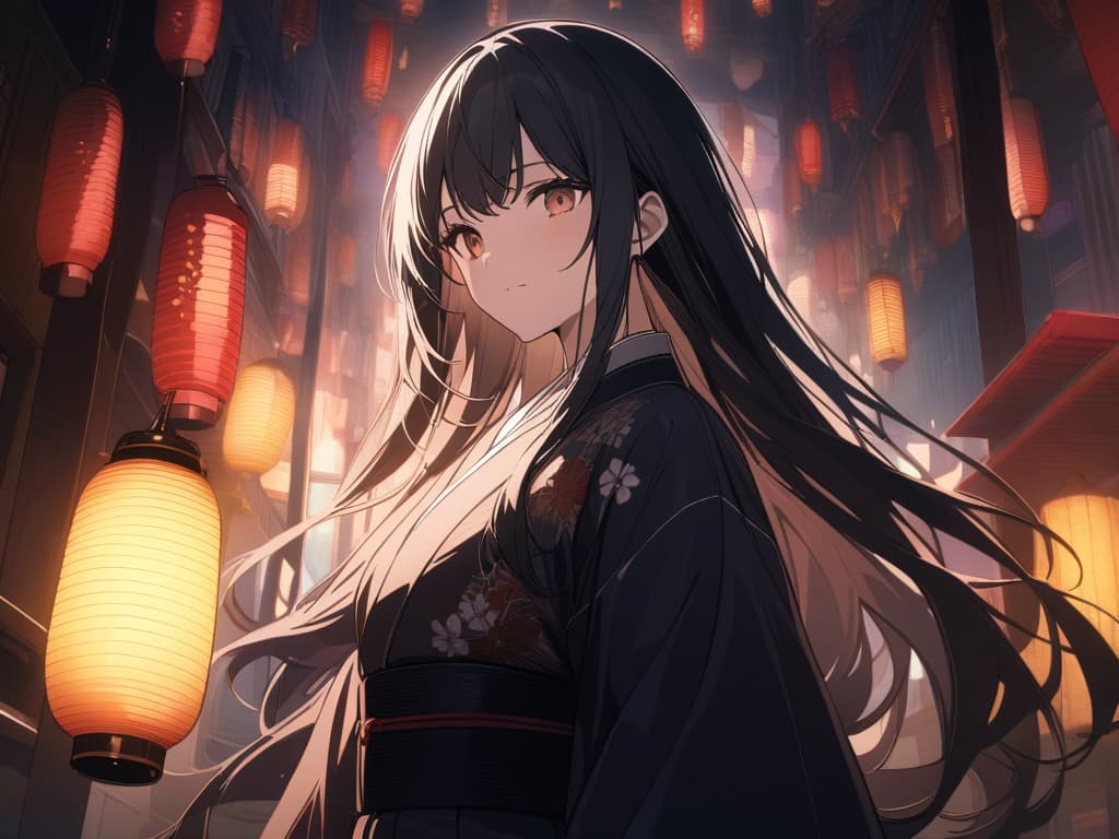  Upper Body View, Colorful, (Best Quality: 1.2), Detailed Background, High Contrast TE and BEAUTIFUL), ((Cinematic Light)), Hyper Detail, Dramatic Light, Intricate Details, 8k, Anime, VERY AESTHETIC, lanterns, black hair, long hair, kimono, orange, masterpiece, best quality,8k,ultra detailed,high resolution,an extremely delicate and beautiful,hyper detail