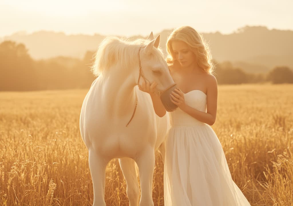  good quality, high quality, a close up of an enchanting woman in a flowing white gown, gently embracing her white horse in a golden wheat field. the scene is captured in soft, high key photography, evoking the ethereal beauty of romanticism with a dreamy, magical atmosphere, rendered in high resolution