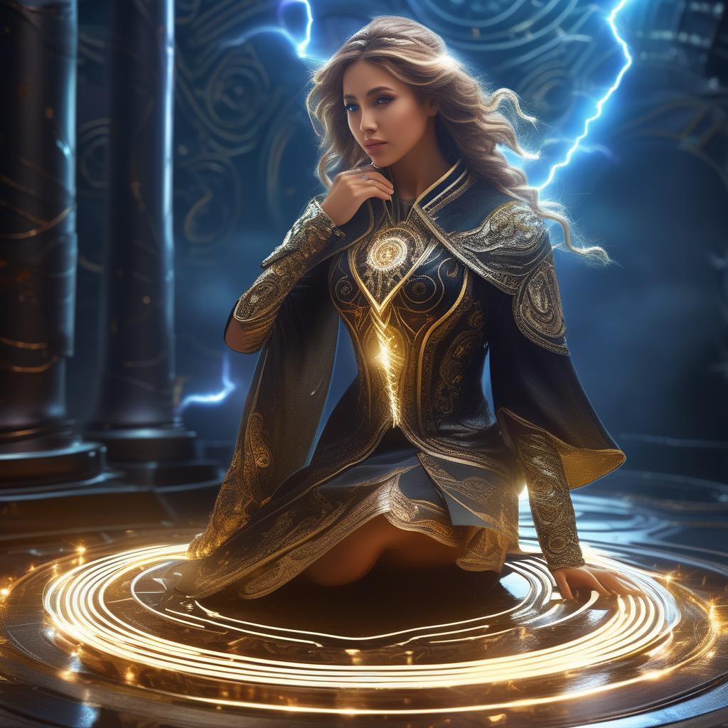  '(mage :1.3) on a spiral lightning background, with a perfect, beautiful face, realistic, full body, standing on the ground, featuring circuit board elements, dressed in intricate clothing, striking an elegant pose, in the style of fantasy, illustration, as seen on ArtStation.' hyperrealistic, full body, detailed clothing, highly detailed, cinematic lighting, stunningly beautiful, intricate, sharp focus, f/1. 8, 85mm, (centered image composition), (professionally color graded), ((bright soft diffused light)), volumetric fog, trending on instagram, trending on tumblr, HDR 4K, 8K