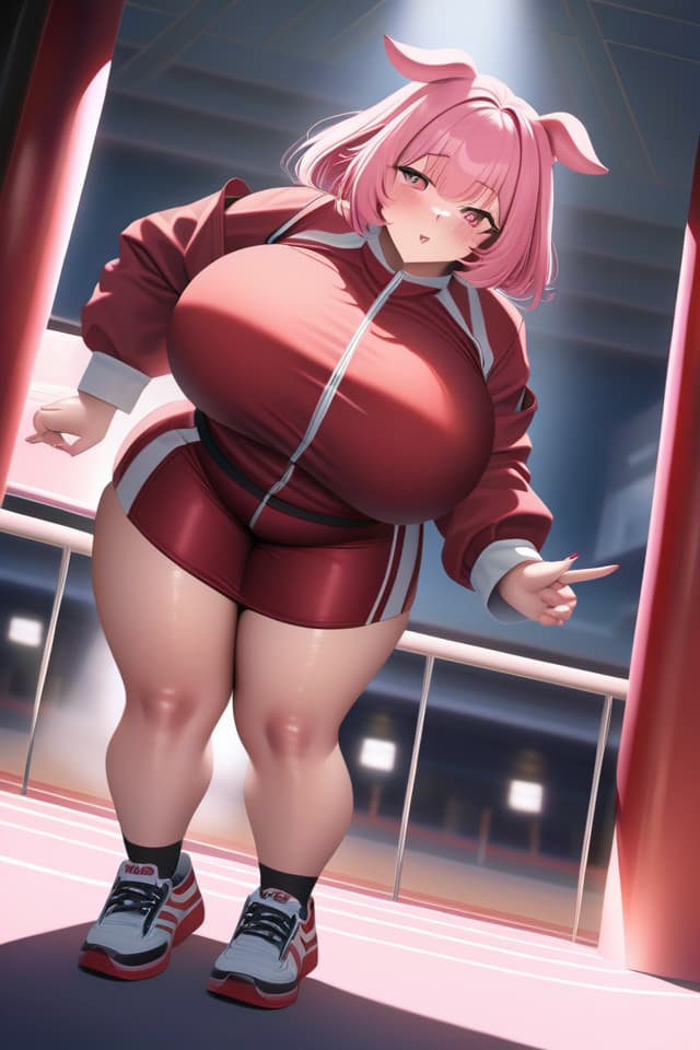  anthropomorphic furry cute pig girl、athletics uniform、extremely obese policewoman of pig girl:1.2、bright deep pink colored short hair、droopy bent pig's ears、ultra detailed plump & fat face、sprint down on the track、sweaty & troubled expression、💩、💩、 hyperrealistic, full body, detailed clothing, highly detailed, cinematic lighting, stunningly beautiful, intricate, sharp focus, f/1. 8, 85mm, (centered image composition), (professionally color graded), ((bright soft diffused light)), volumetric fog, trending on instagram, trending on tumblr, HDR 4K, 8K