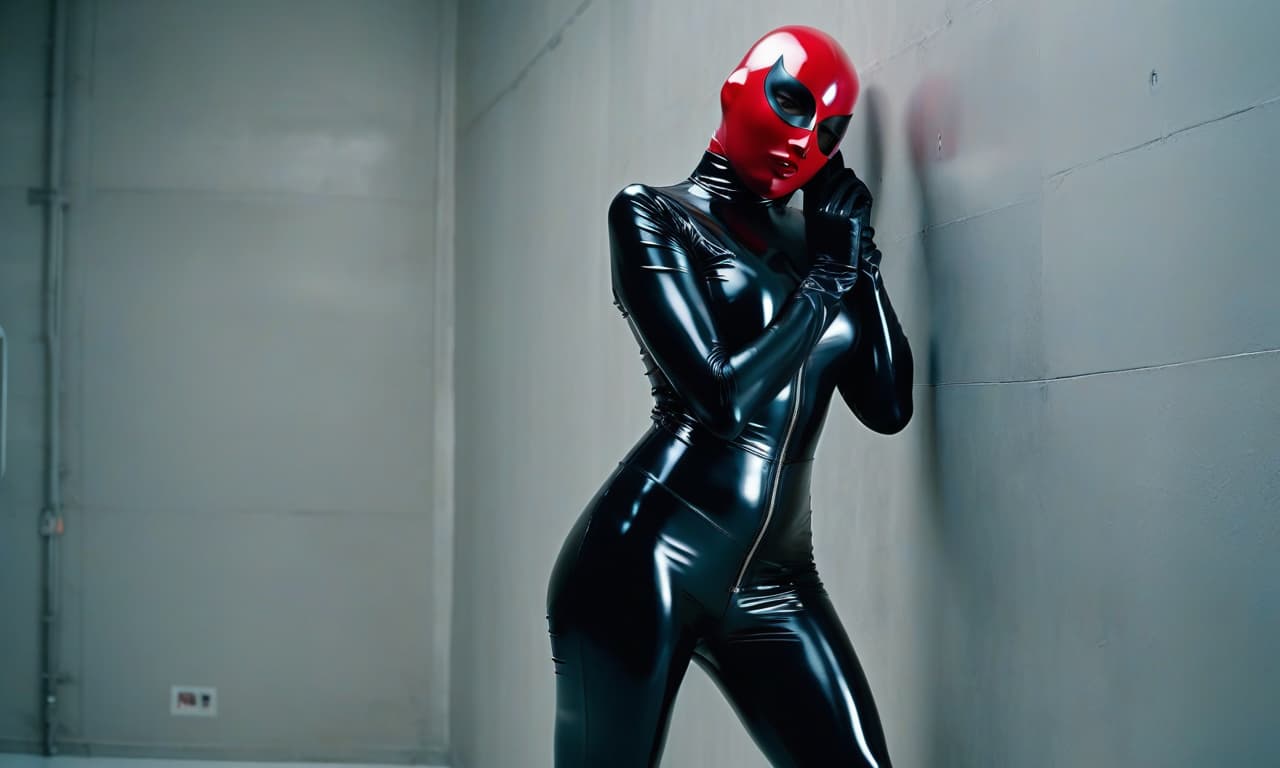  cinematic film still 4K, HDR. A stern woman, full grown, pale skin, brightly colored eyes, plump red lips, in a shiny black latex suit tightly hugging her body, stands against a wall. A tightly fitting latex mask covers her entire head and face on her head. Gloves are seen on her hands. Her legs are visible in high heeled boots, a white corset, (dark frame: 1.17), epic realistic, cold, (neutral colors), artistic, (hdr: 1.5), (dimmed colors: 1.2), immersive, (ArtStation: 1.5), cinematic, warm light, dramatic light, (complex details: 1.1), complex background, (Rutkovski: 0.8), (azure and orange: 0.4), Detail, ((complex details)), hdr, ((complex details, super detailed)) . shallow depth of field, vignette, highly detailed, high budget, bokeh, hyperrealistic, full body, detailed clothing, highly detailed, cinematic lighting, stunningly beautiful, intricate, sharp focus, f/1. 8, 85mm, (centered image composition), (professionally color graded), ((bright soft diffused light)), volumetric fog, trending on instagram, trending on tumblr, HDR 4K, 8K