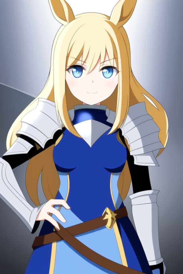  horse ears,blonde hair,long hair,blue eye,Medium chest,blue one piece,armor,knight,from front,looking at viewer,stand,happy,anime style,anime eyes,Alone,anime face,anime body,one hand on hip,high quality