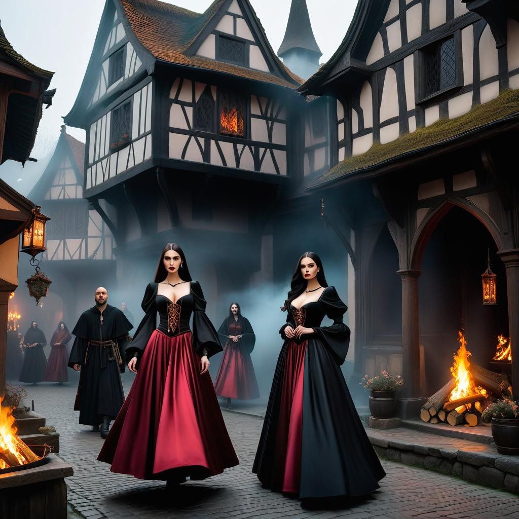  macabre style Medieval city, square, timber framed houses, wizards in robes, day, dancers in bright skirts, musicians, magical fires. . dark, gothic, grim, haunting, highly detailed, hkmagic hyperrealistic, full body, detailed clothing, highly detailed, cinematic lighting, stunningly beautiful, intricate, sharp focus, f/1. 8, 85mm, (centered image composition), (professionally color graded), ((bright soft diffused light)), volumetric fog, trending on instagram, trending on tumblr, HDR 4K, 8K