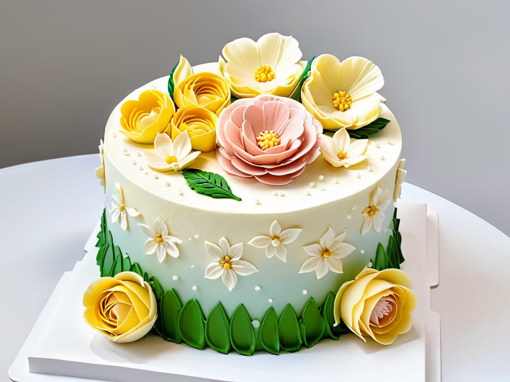  A closeup, ultradetailed image of a beautifully decorated multilayered cake featuring intricate floral designs in pastel colors, with each petal and leaf meticulously piped using different professional cake decorating tips. The cake is set against a clean, white background to emphasize the precision and artistry of the decoration. hyperrealistic, full body, detailed clothing, highly detailed, cinematic lighting, stunningly beautiful, intricate, sharp focus, f/1. 8, 85mm, (centered image composition), (professionally color graded), ((bright soft diffused light)), volumetric fog, trending on instagram, trending on tumblr, HDR 4K, 8K