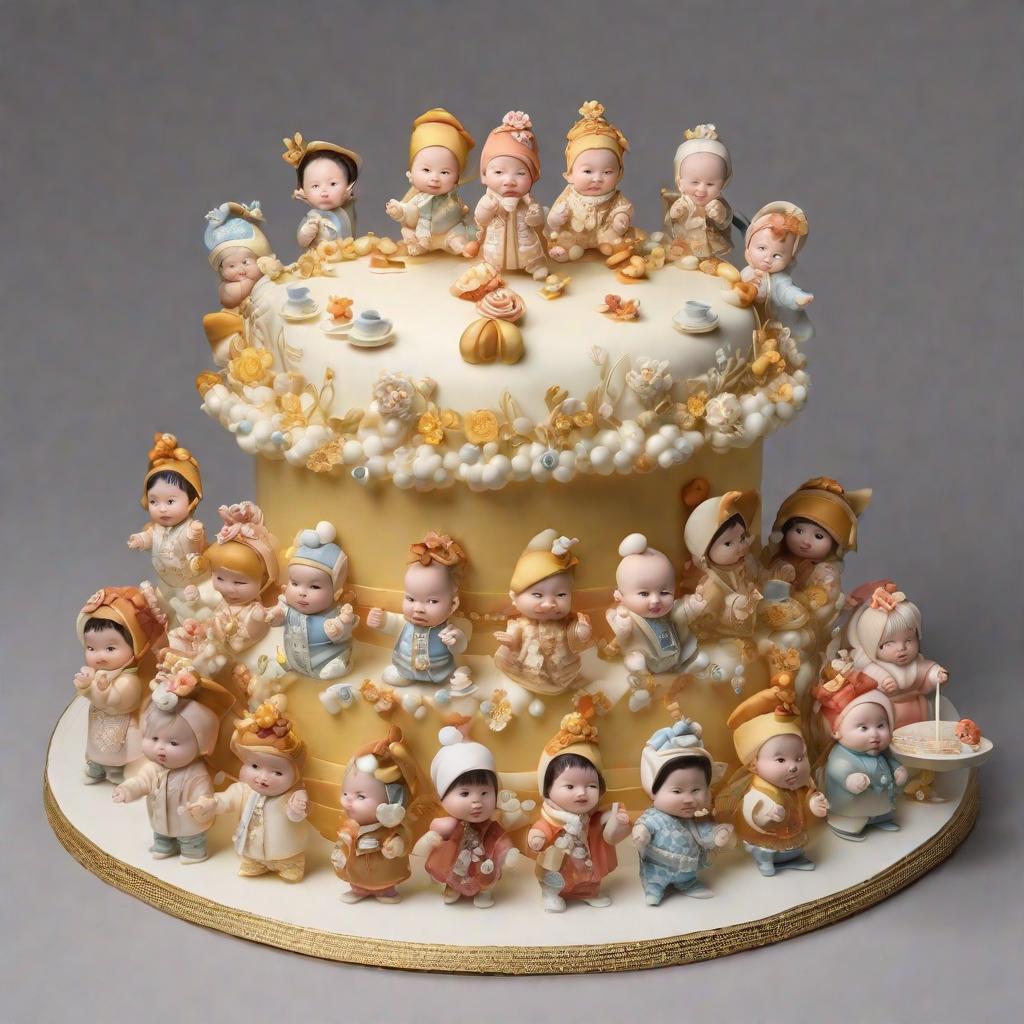  groups of japanese babies all thumbs up surround a giant cake hyperrealistic, full body, detailed clothing, highly detailed, cinematic lighting, stunningly beautiful, intricate, sharp focus, f/1. 8, 85mm, (centered image composition), (professionally color graded), ((bright soft diffused light)), volumetric fog, trending on instagram, trending on tumblr, HDR 4K, 8K