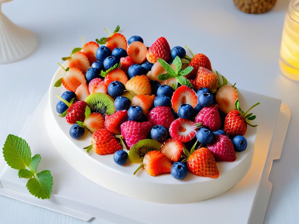  A minimalistic image of a beautifully arranged fruit platter, featuring vibrant strawberries, blueberries, raspberries, and kiwi slices elegantly displayed on a sleek white platter. The fruits are meticulously arranged in a visually appealing pattern, showcasing their freshness and natural colors. The background is a soft, blurred gradient that enhances the simplicity and elegance of the composition, creating a visually striking and appetizing image that perfectly complements the article's theme of healthy and fiberrich desserts. hyperrealistic, full body, detailed clothing, highly detailed, cinematic lighting, stunningly beautiful, intricate, sharp focus, f/1. 8, 85mm, (centered image composition), (professionally color graded), ((bright soft diffused light)), volumetric fog, trending on instagram, trending on tumblr, HDR 4K, 8K