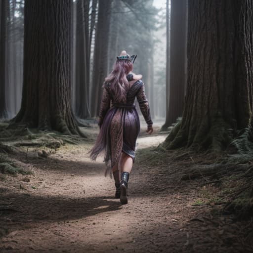  a beautiful woman walking in a fancy forrest, detailed clothing, sharp focus, f\/1. 8, 85mm, (centered image composition), (professionally color graded), ((bright soft diffused light)), (4k, best quality, masterpiece:1.2), sharp focus, ultrahigh res, highly detailed