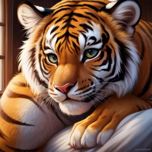  lesbian, tiger, cat, open eyes, digital art, masterpiece, 4k, fine details,