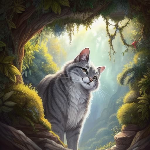  watercolor, storybook, child-book, The grey cat at the top of the scribble-decorated tree, gazing down through sharp eyes at the world below filled with colorful scribbles and greenery, best quality, very detailed, high resolution, sharp, sharp image hyperrealistic, full body, detailed clothing, highly detailed, cinematic lighting, stunningly beautiful, intricate, sharp focus, f/1. 8, 85mm, (centered image composition), (professionally color graded), ((bright soft diffused light)), volumetric fog, trending on instagram, trending on tumblr, HDR 4K, 8K