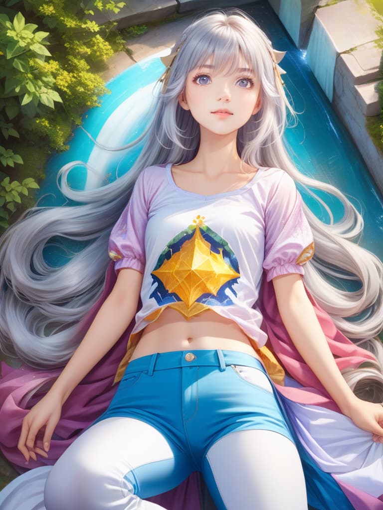  best quality,masterpiece,highres,beautiful eyes,detailed background,BREAK kawaii, cute,(1 woman, 18yo, solo:1.5),long hair, hair_ornament,silver hair, [happy],(puffy_sleeves, shirt, short_sleeves, jeggings),(large breats:1.3),from above,BREAK summer,shiny,daytime in the city of cloud hyperrealistic, full body, detailed clothing, highly detailed, cinematic lighting, stunningly beautiful, intricate, sharp focus, f/1. 8, 85mm, (centered image composition), (professionally color graded), ((bright soft diffused light)), volumetric fog, trending on instagram, trending on tumblr, HDR 4K, 8K