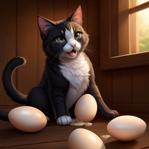  cat, egg, oviposition, black, open eyes, digital art, masterpiece, 4k, fine details,