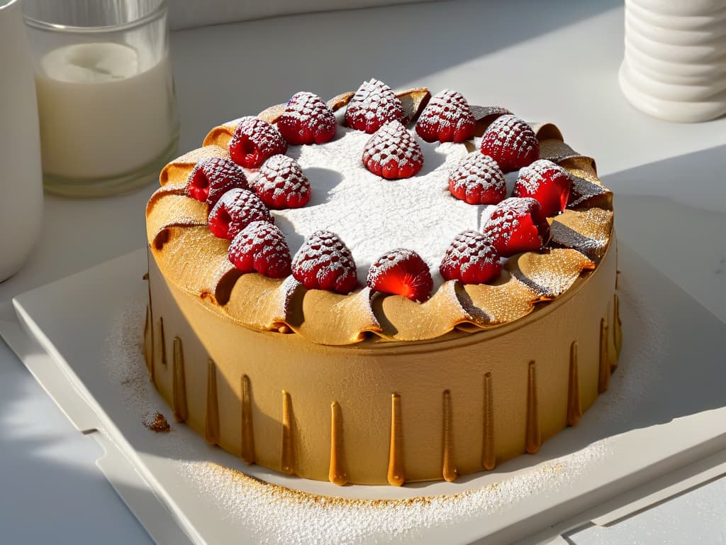  A closeup, ultradetailed image of a perfectly baked glutenfree almond flour cake decorated with fresh raspberries and a dusting of powdered sugar, placed on a sleek, modern white marble countertop. The cake is flawlessly styled, showcasing intricate details of the raspberry placement and the delicate texture of the cake crumb. The photograph captures the play of light and shadow, highlighting the elegant simplicity of the dessert, making it a visually stunning and appetizing image that exudes sophistication and artistry. hyperrealistic, full body, detailed clothing, highly detailed, cinematic lighting, stunningly beautiful, intricate, sharp focus, f/1. 8, 85mm, (centered image composition), (professionally color graded), ((bright soft diffused light)), volumetric fog, trending on instagram, trending on tumblr, HDR 4K, 8K