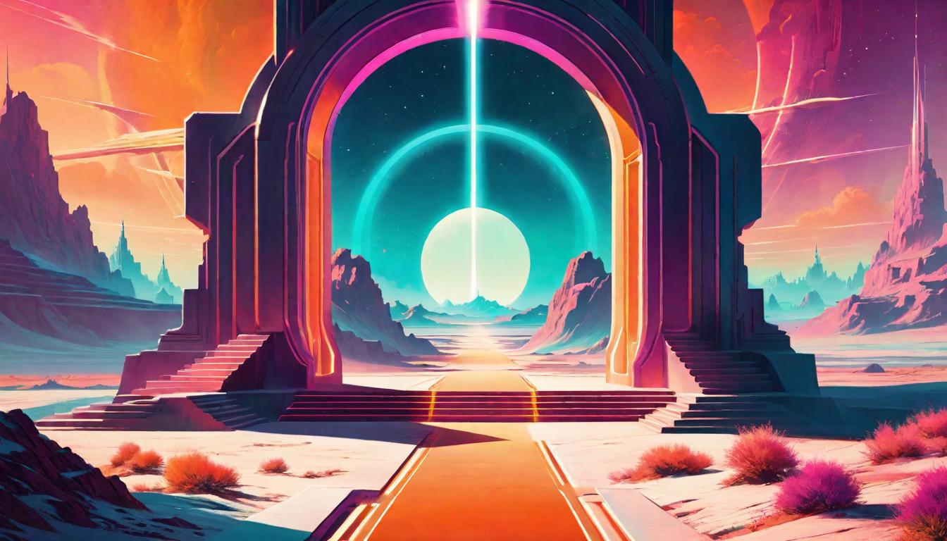  retro futuristic Doorways opening across a desolate landscape, each glowing with different hues, steps leading through them symbolize personal empowerment, transformative pathways, invitational mystery lvintage sci fi, 50s and 60s style, atomic age, vibrant, highly detailed