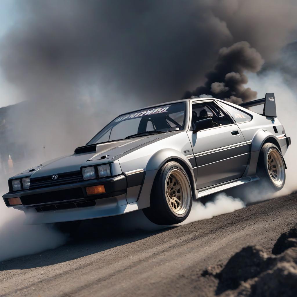  a close up of a CRASHED toyota trueno ae 86 with smoke coming out of it, ((grey)), phonk album cover, motorsports photography, inspired by Irvin Bomb, add a glow around subj. edge, emote, so s 1 4 8 ft light, 985530902 hyperrealistic, full body, detailed clothing, highly detailed, cinematic lighting, stunningly beautiful, intricate, sharp focus, f/1. 8, 85mm, (centered image composition), (professionally color graded), ((bright soft diffused light)), volumetric fog, trending on instagram, trending on tumblr, HDR 4K, 8K