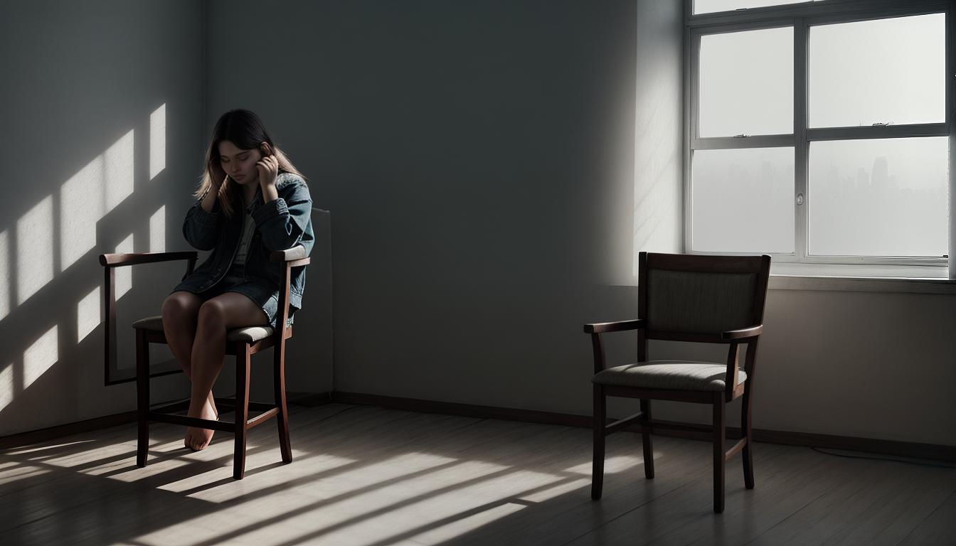  digital illustration, A woman sitting on a chair, tear streaked face, empty room, dimly lit, feeling of solitude and sadness, soft shadows, looking at viewer, dynamic pose, (intricate details, masterpiece, best quality)