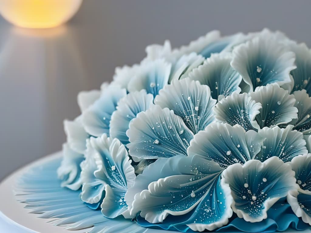  A closeup, highresolution image of a delicate sugar sculpture illuminated by soft, natural light, showcasing intricate details like delicate lace patterns and shimmering sugar crystals. The sculpture should be set against a plain, contrasting background to emphasize its ethereal beauty and surreal quality. The focus is on capturing the fine craftsmanship and otherworldly feel of the sugar artwork, inviting viewers to appreciate its delicate intricacy and artistic allure. hyperrealistic, full body, detailed clothing, highly detailed, cinematic lighting, stunningly beautiful, intricate, sharp focus, f/1. 8, 85mm, (centered image composition), (professionally color graded), ((bright soft diffused light)), volumetric fog, trending on instagram, trending on tumblr, HDR 4K, 8K