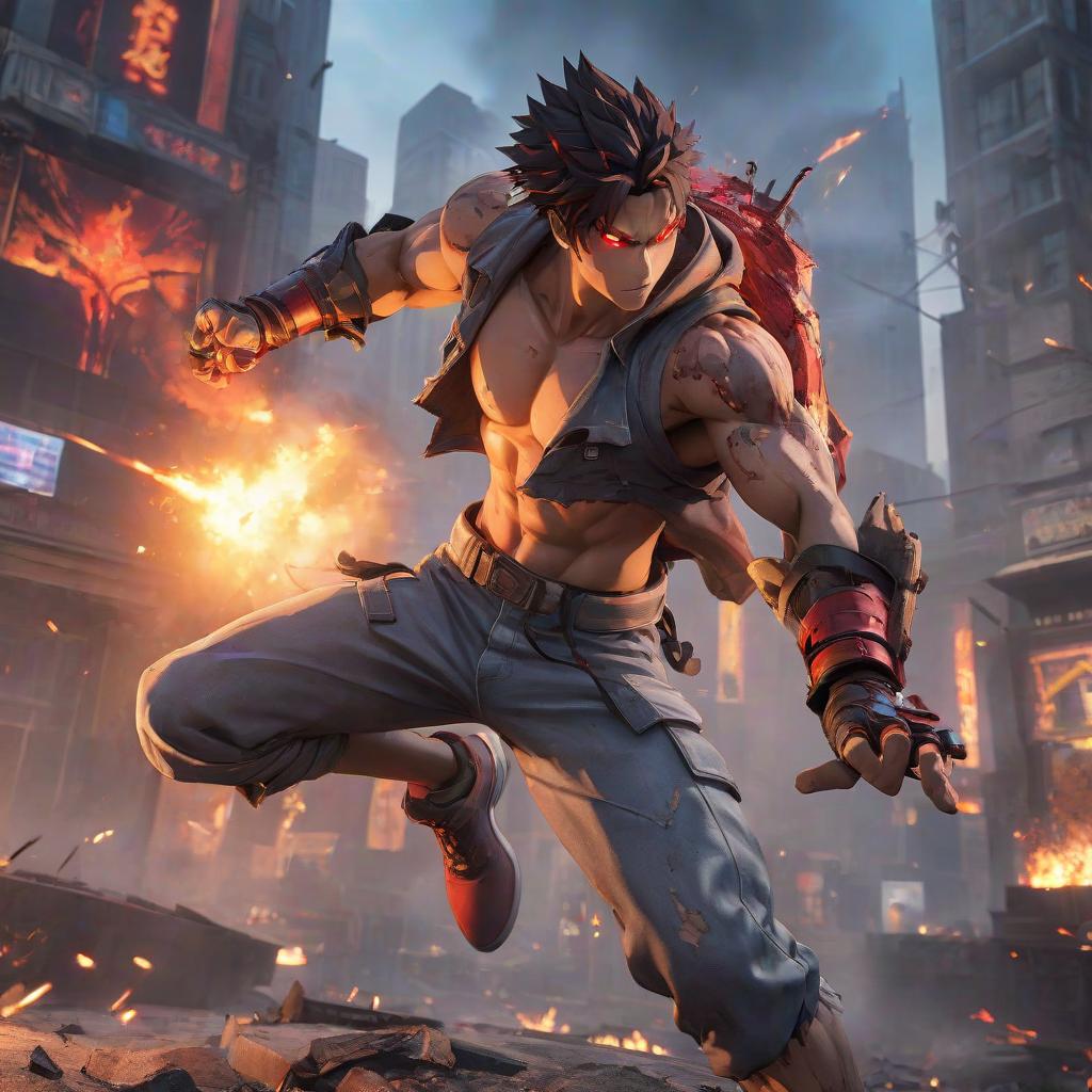  fighting game style Anime view, burned city, hero with torn appearance due to wounds and bruises in light clothes, red eyes, dust effect, he's a guy. . dynamic, vibrant, action packed, detailed character design, reminiscent of fighting video games hyperrealistic, full body, detailed clothing, highly detailed, cinematic lighting, stunningly beautiful, intricate, sharp focus, f/1. 8, 85mm, (centered image composition), (professionally color graded), ((bright soft diffused light)), volumetric fog, trending on instagram, trending on tumblr, HDR 4K, 8K