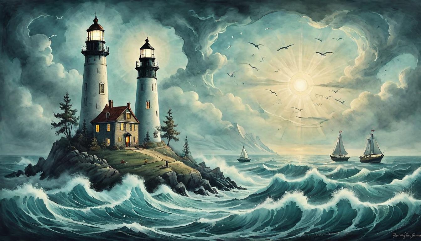  on parchment, surrealism+++, A network of lighthouses, each a pillar of strength in the relentless sea, their beams intertwining to map a journey of inspiration and catalyst for change, network of hope, interconnected beacons(mysterious, provocative, symbolic,muted color)+++