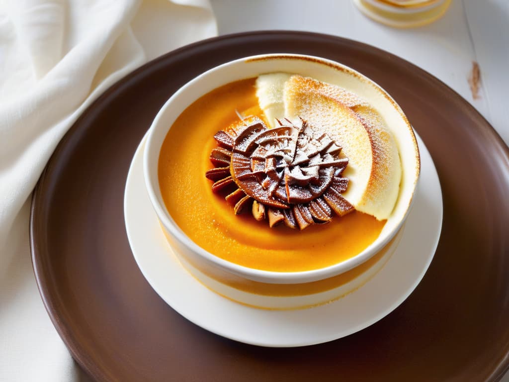  A closeup, ultradetailed image of a creamy, velvety pumpkin crema catalana in a sleek, modern white bowl, garnished delicately with a sprinkle of cinnamon and a perfectly caramelized sugar crust that glistens under soft, natural light. The textures should be incredibly vivid, showcasing the smoothness of the custard against the crackling caramel top, inviting the viewer to savor the fusion of flavors and traditions in this seasonal delight. hyperrealistic, full body, detailed clothing, highly detailed, cinematic lighting, stunningly beautiful, intricate, sharp focus, f/1. 8, 85mm, (centered image composition), (professionally color graded), ((bright soft diffused light)), volumetric fog, trending on instagram, trending on tumblr, HDR 4K, 8K