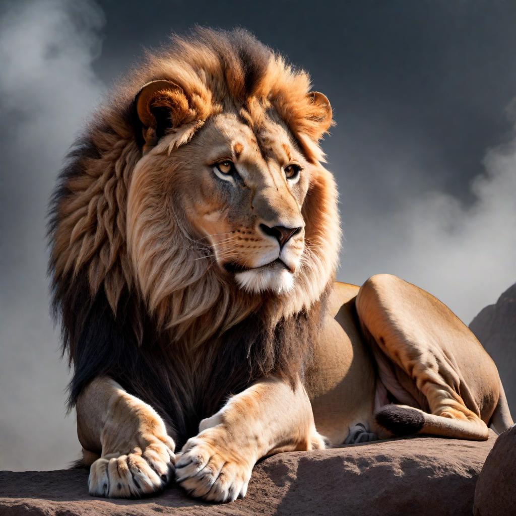  A majestic lion, wounded but not defeated, standing in the middle of a hostile environment. Despite its injuries, the lion exudes strength and pride, with a dignified stance and a fierce look in its eyes. The background shows several adversaries or dangerous creatures around, but the lion remains resilient and unwavering, symbolizing bravery and self-awareness. The scene is dramatic, intense, and highlights the lion's unyielding spirit. hyperrealistic, full body, detailed clothing, highly detailed, cinematic lighting, stunningly beautiful, intricate, sharp focus, f/1. 8, 85mm, (centered image composition), (professionally color graded), ((bright soft diffused light)), volumetric fog, trending on instagram, trending on tumblr, HDR 4K, 8K