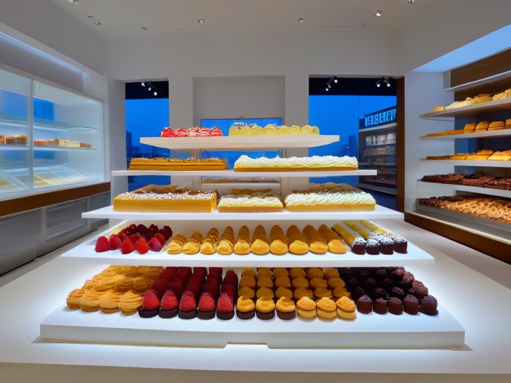  A minimalist, ultradetailed image of a sleek, modern pastry shop interior with avantgarde dessert displays showcasing colorful, intricately designed pastries and cakes on clean, white countertops. The focus is on the precision and artistry of the desserts, with soft, natural lighting illuminating the exquisite details of the sweet creations. hyperrealistic, full body, detailed clothing, highly detailed, cinematic lighting, stunningly beautiful, intricate, sharp focus, f/1. 8, 85mm, (centered image composition), (professionally color graded), ((bright soft diffused light)), volumetric fog, trending on instagram, trending on tumblr, HDR 4K, 8K