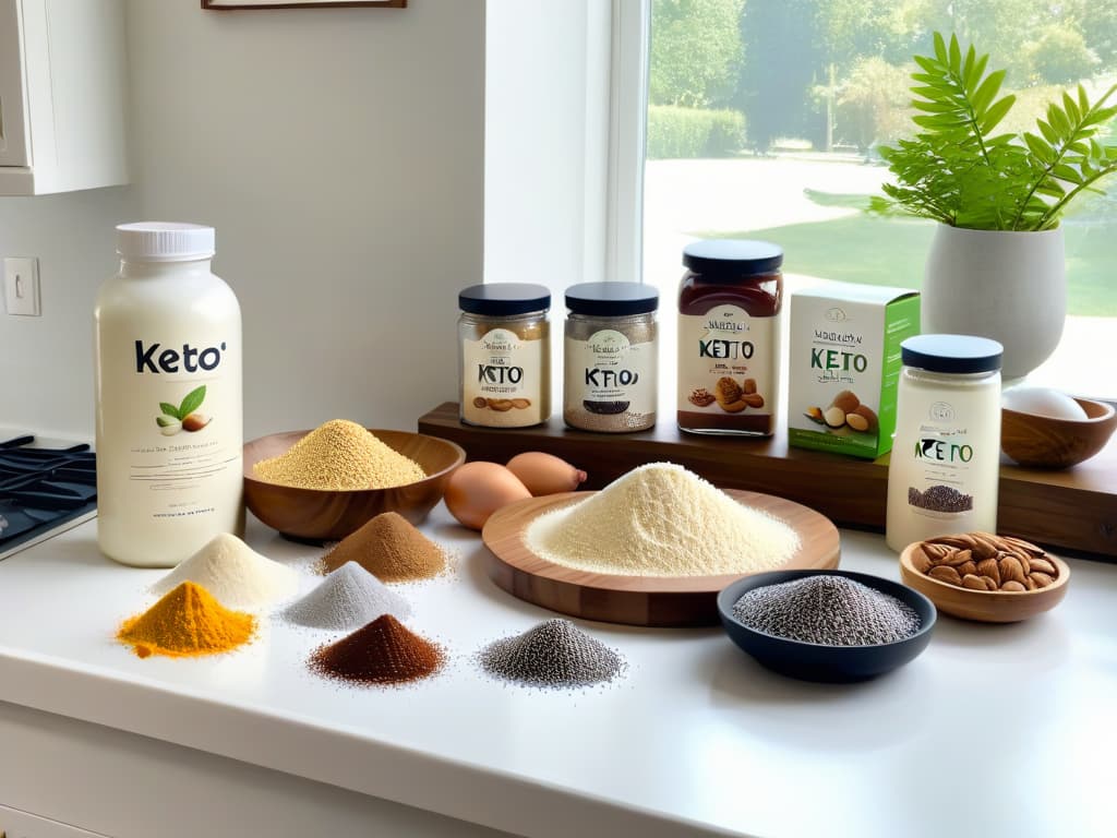  An 8k ultradetailed image of a sleek, minimalist kitchen countertop adorned with a curated selection of essential vegan keto baking ingredients. The scene includes neatly arranged items such as almond flour, coconut oil, chia seeds, erythritol, and unsweetened almond milk in stylish, ecofriendly packaging. The soft natural light streaming in from a nearby window highlights the textures and colors of the ingredients, creating a visually appealing and inspiring composition for vegan keto baking enthusiasts. hyperrealistic, full body, detailed clothing, highly detailed, cinematic lighting, stunningly beautiful, intricate, sharp focus, f/1. 8, 85mm, (centered image composition), (professionally color graded), ((bright soft diffused light)), volumetric fog, trending on instagram, trending on tumblr, HDR 4K, 8K