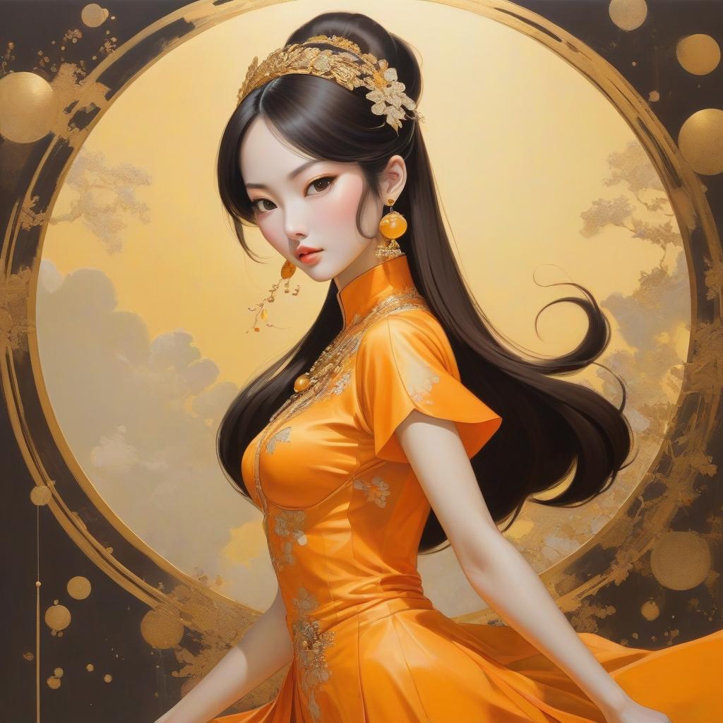  abstract expressionist painting A cartoon girl in an orange costume with gold jewelry, in the style of miho hirano, light yellow and dark brown, close up, traditional costumes, childlike simplicity, comic art, tondo . energetic brushwork, bold colors, abstract forms, expressive, emotional hyperrealistic, full body, detailed clothing, highly detailed, cinematic lighting, stunningly beautiful, intricate, sharp focus, f/1. 8, 85mm, (centered image composition), (professionally color graded), ((bright soft diffused light)), volumetric fog, trending on instagram, trending on tumblr, HDR 4K, 8K