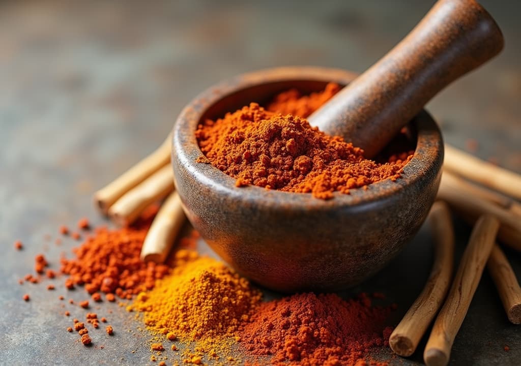  good quality, high quality, a close up of spices in a mortar and pestle with a clean, empty kitchen background. the open space around the mortar and pestle is ideal for text placement