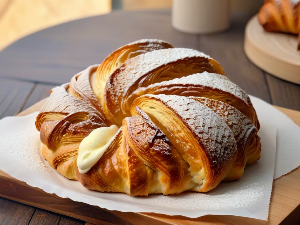  A closeup, ultradetailed image of a perfectly goldenbrown croissant, fresh out of the oven, resting on a rustic wooden table with a light dusting of flour. The layers of the croissant are visible, showcasing the expertise and precision required in pastrymaking. Sunlight filters through a nearby window, casting a soft, warm glow on the flaky pastry, creating a serene and inviting scene that evokes the essence of artisanal bakery craftsmanship. hyperrealistic, full body, detailed clothing, highly detailed, cinematic lighting, stunningly beautiful, intricate, sharp focus, f/1. 8, 85mm, (centered image composition), (professionally color graded), ((bright soft diffused light)), volumetric fog, trending on instagram, trending on tumblr, HDR 4K, 8K