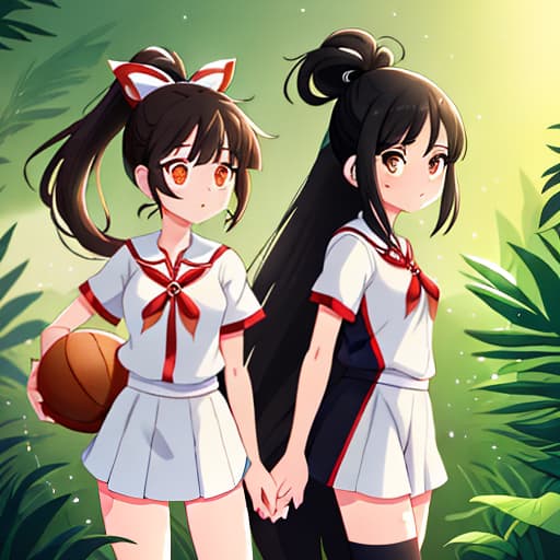  anime girl black hair bright dark brown eyes red and white basketball uniform with the number 18 and the name Nicky white and black shoes Have your hair in a medium high ponytail with two strands on the sides of your ears, have a basketball and look full body Pastel Palette, Da Vinci's Dreams, Picasso's , Sunrise Splendors, Floral Fantasy, Mystical Moonscapes, Urban Nature, Crystal Clear, Cinematic hyperrealistic, full body, detailed clothing, highly detailed, cinematic lighting, stunningly beautiful, intricate, sharp focus, f/1. 8, 85mm, (centered image composition), (professionally color graded), ((bright soft diffused light)), volumetric fog, trending on instagram, trending on tumblr, HDR 4K, 8K