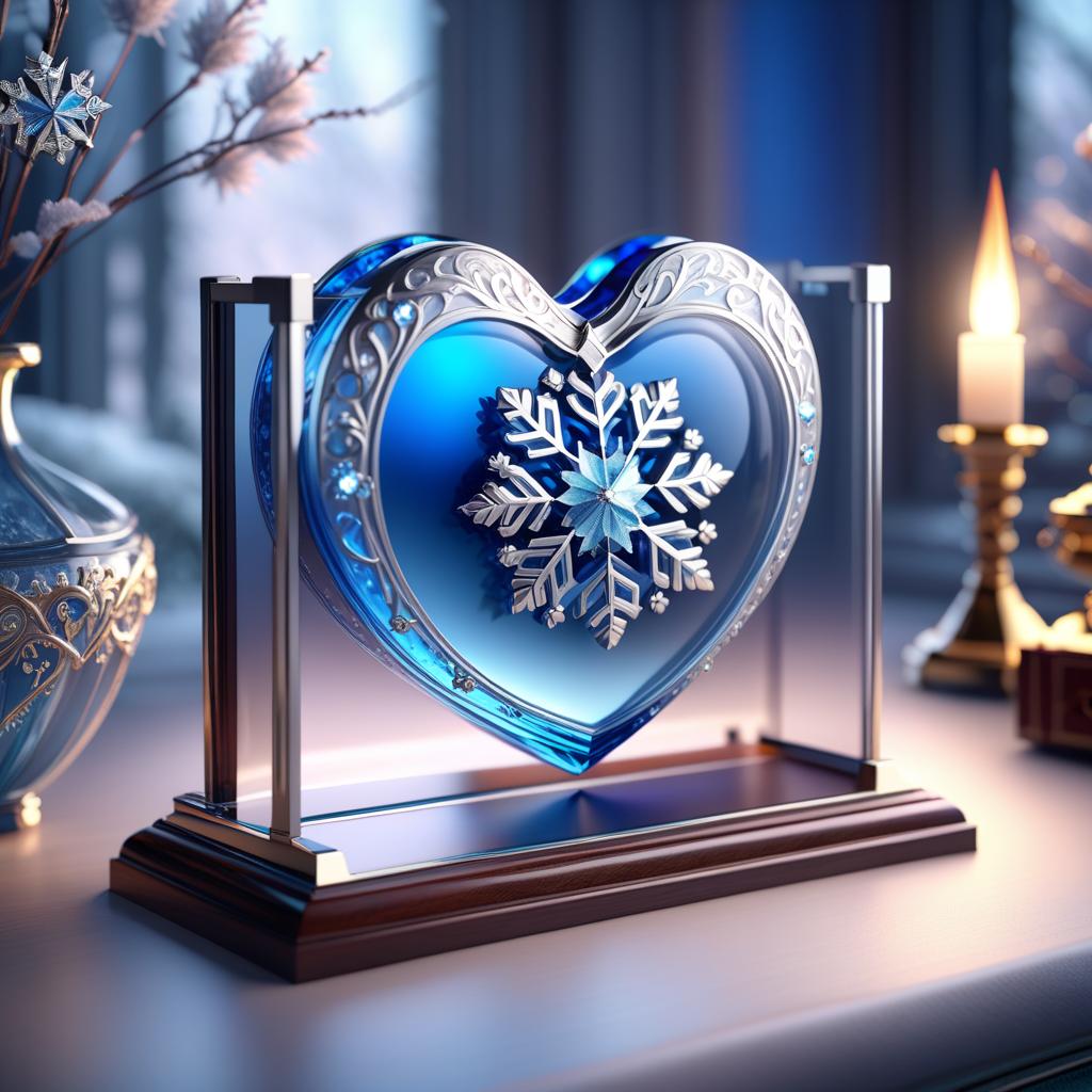  ethereal fantasy concept art of In the foreground in a frame in the form of a fantasy heart. (Inside the frame): there is a crystal vase with snowflake flowers, there is an envelope with a blue sealing wax seal, there is a handbag. (Ladies handbag design):colour silver grey, embroidered with white and blue snowflakes and decorated with a silver decorative chain, and a clasp in the form of two ice flakes. . magnificent, celestial, ethereal, painterly, epic, majestic, magical, fantasy art, cover art, dreamy hyperrealistic, full body, detailed clothing, highly detailed, cinematic lighting, stunningly beautiful, intricate, sharp focus, f/1. 8, 85mm, (centered image composition), (professionally color graded), ((bright soft diffused light)), volumetric fog, trending on instagram, trending on tumblr, HDR 4K, 8K