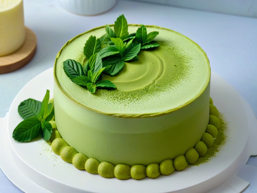  A closeup, ultradetailed image of a delicate matcha powder dusting over a perfectly smooth, creamy cheesecake with a vibrant green hue. The cheesecake sits on a sleek, modern plate with a subtle matte finish, emphasizing the rich color contrast and the fine texture of the dessert. The lighting is soft, casting a gentle shadow that highlights the intricate details of the matcha powder settling on the velvety surface of the cheesecake. This striking image captures the essence of the exquisite and indulgent cheesecake de matcha, inviting the viewer to savor its elegance and flavor. hyperrealistic, full body, detailed clothing, highly detailed, cinematic lighting, stunningly beautiful, intricate, sharp focus, f/1. 8, 85mm, (centered image composition), (professionally color graded), ((bright soft diffused light)), volumetric fog, trending on instagram, trending on tumblr, HDR 4K, 8K